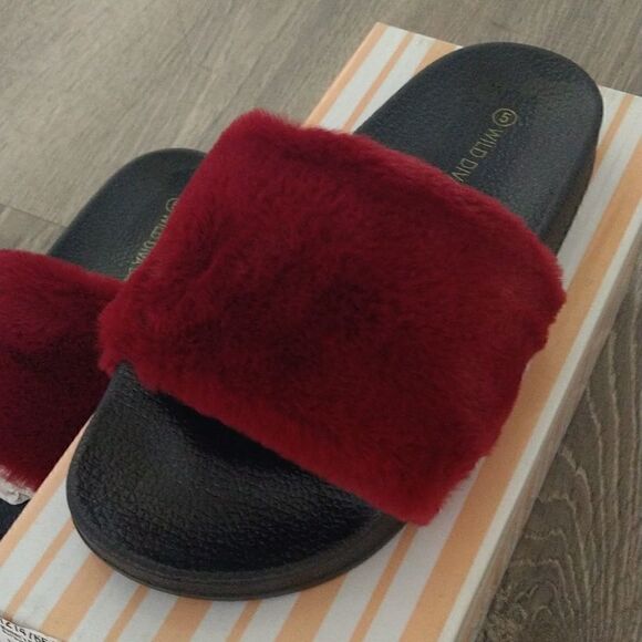 Fur Slides Burgundy size 5 - Picture 7 of 8